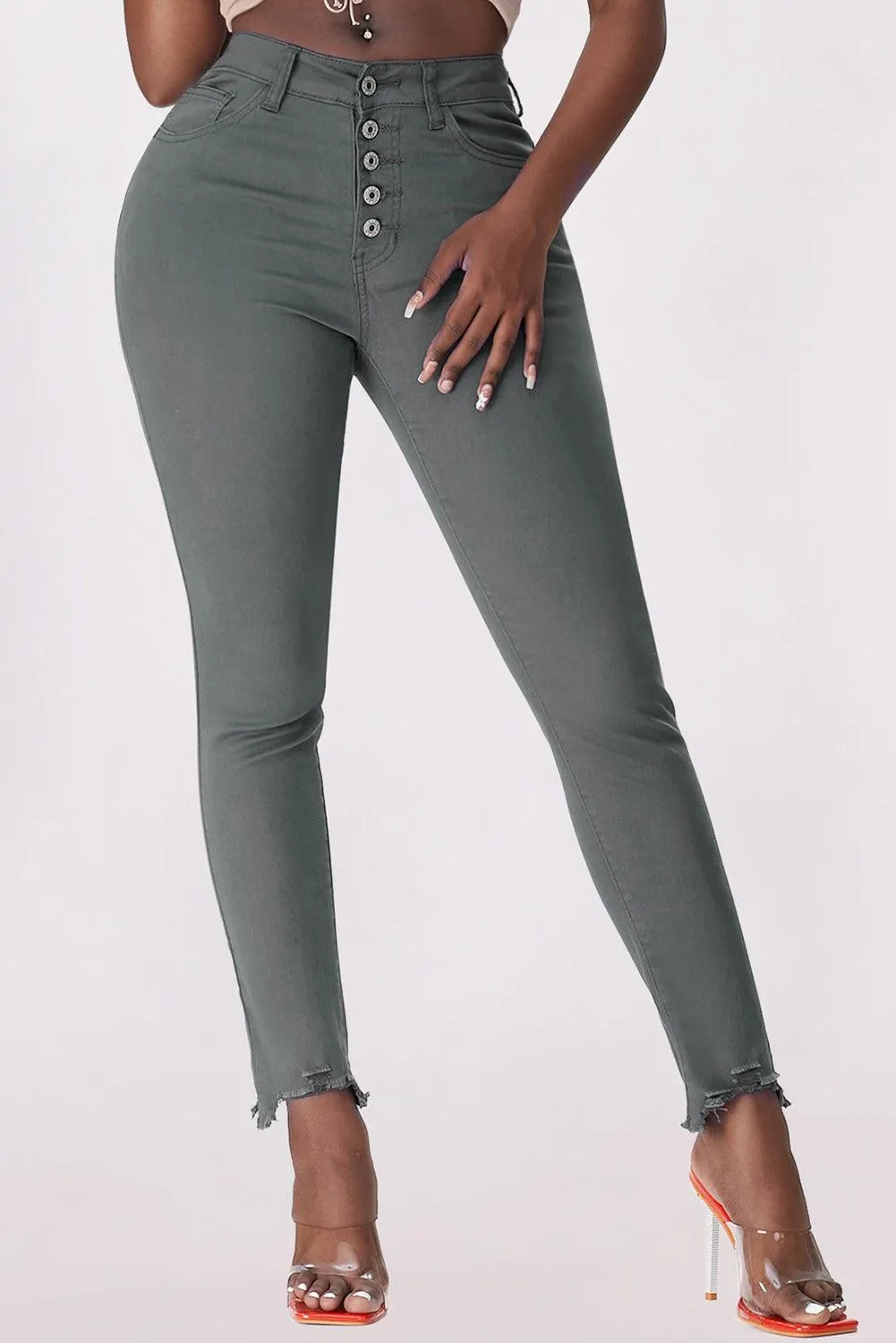 Button Fly Hem Detail Skinny Jeans