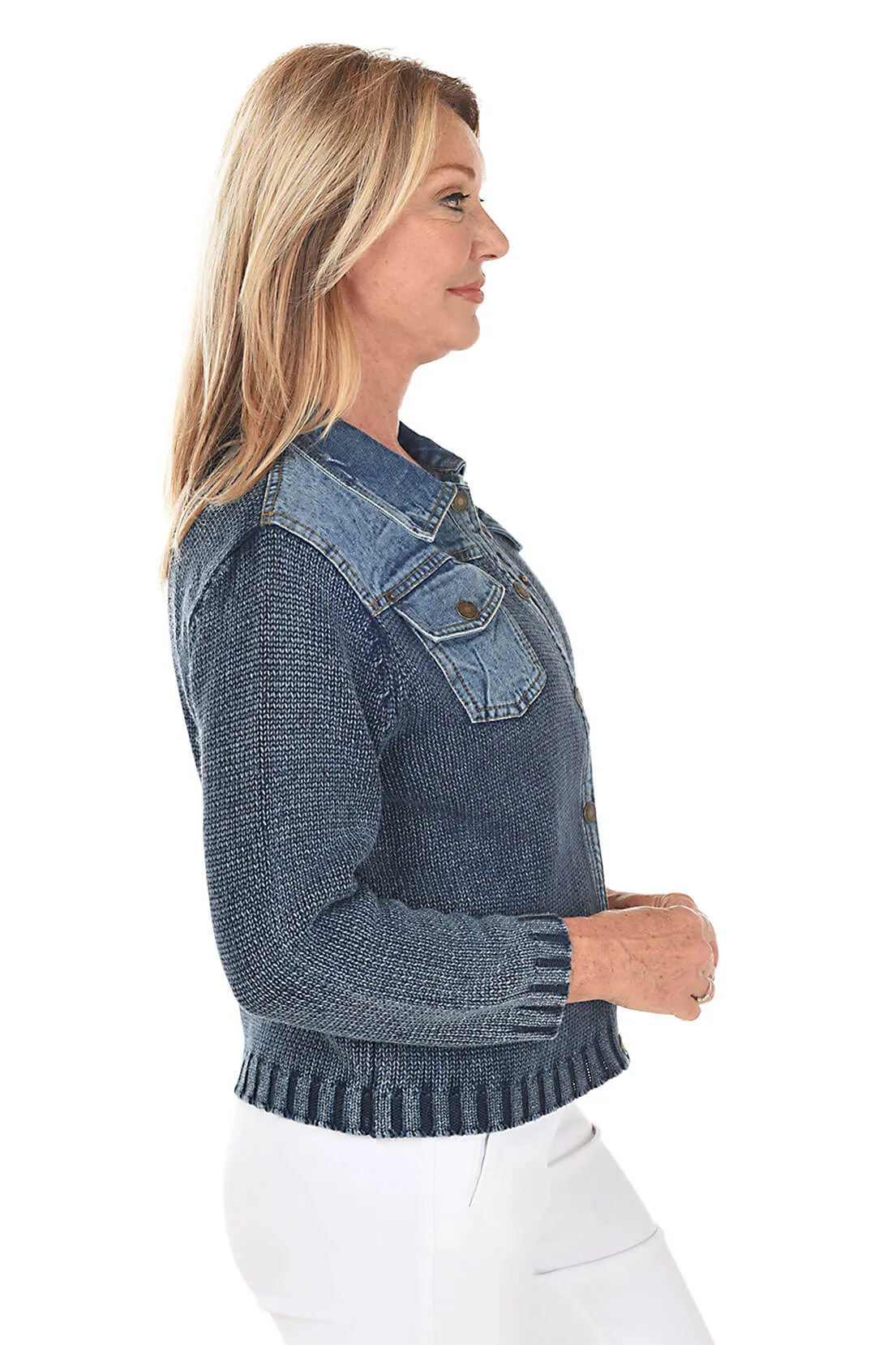 Button-Front Denim Sweater Jacket