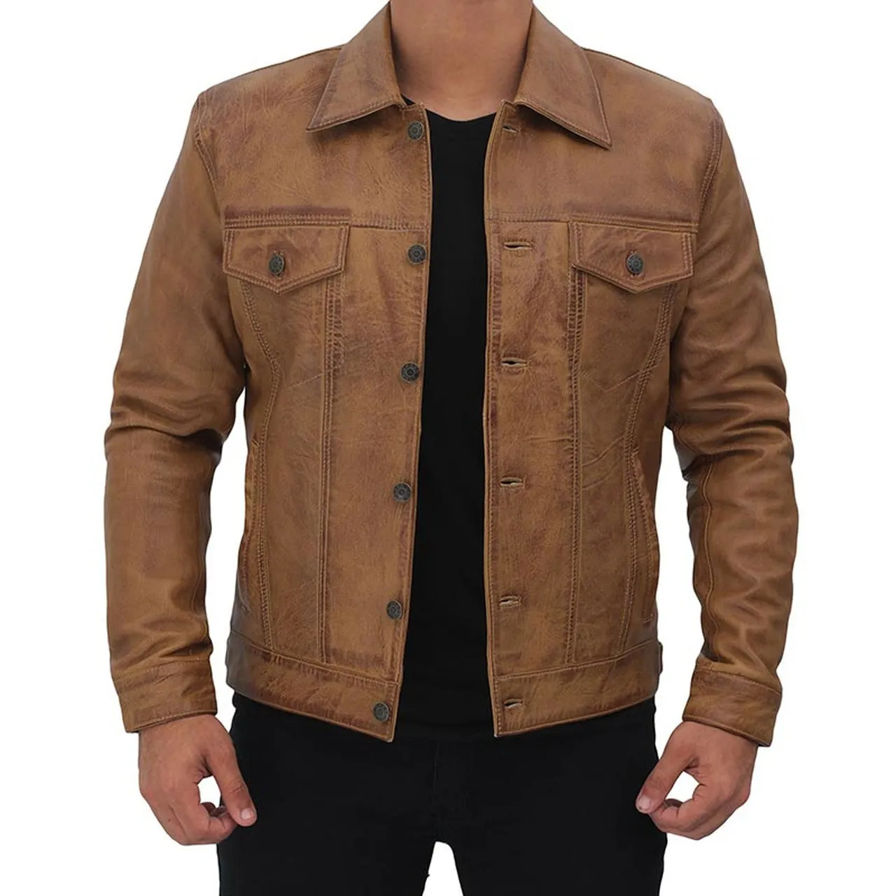 Camel Brown Button Up Leather Trucker Jacket