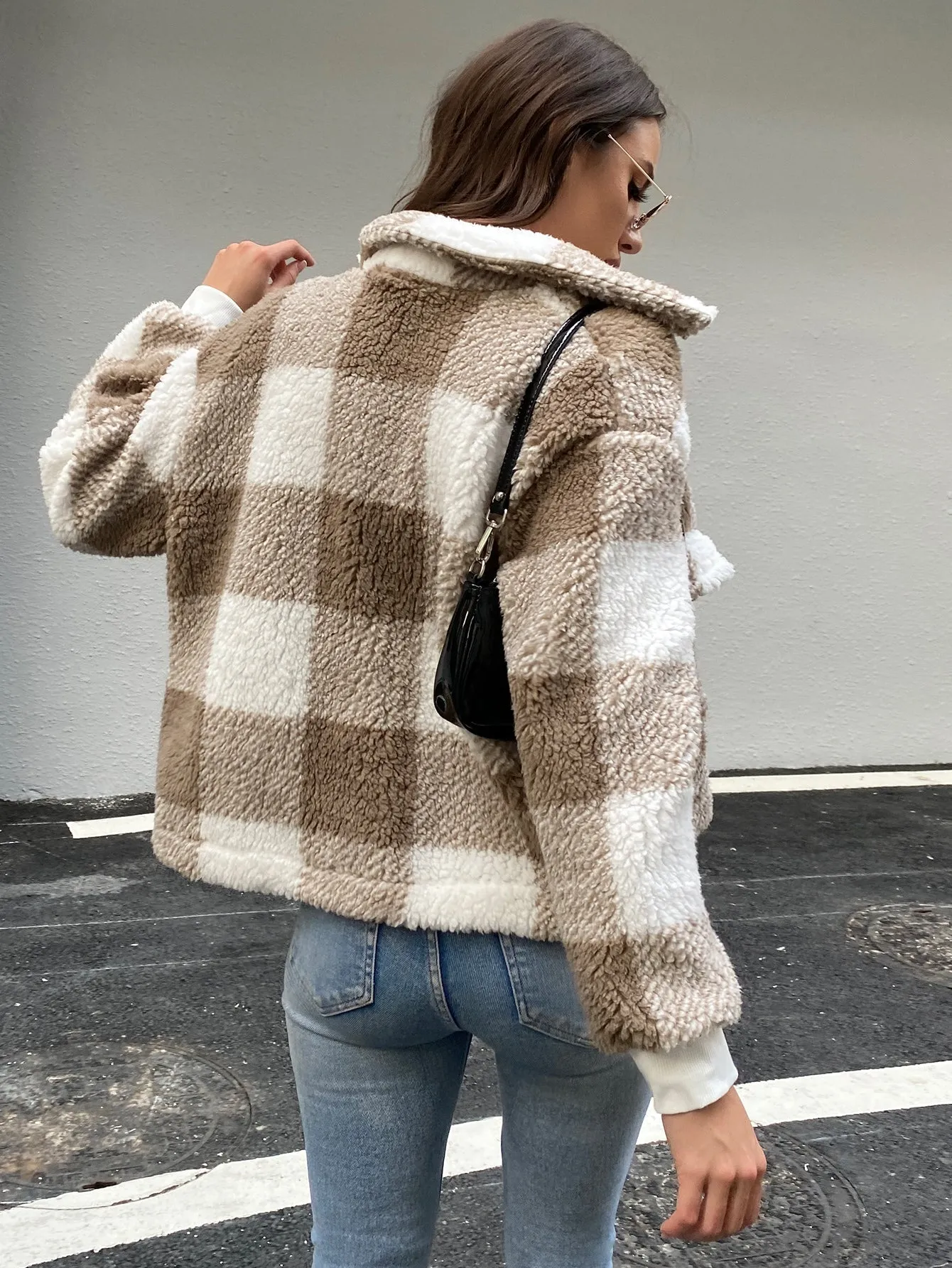 Casual Gingham Pocket Long Sleeve Collar Regular Women Coat