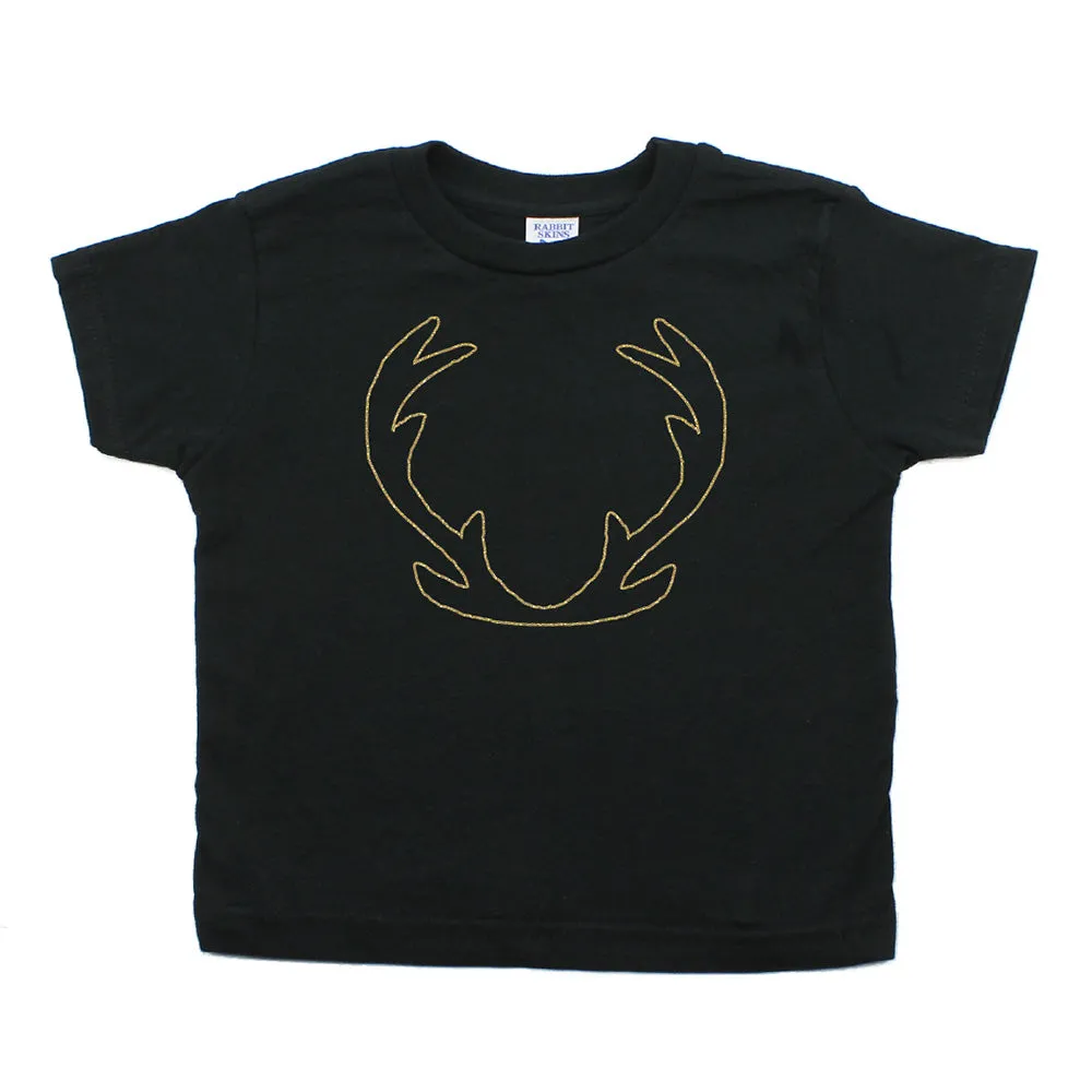 Christmas Deer Antlers Gold Glitter Outline Toddler Short Sleeve T-Shirts