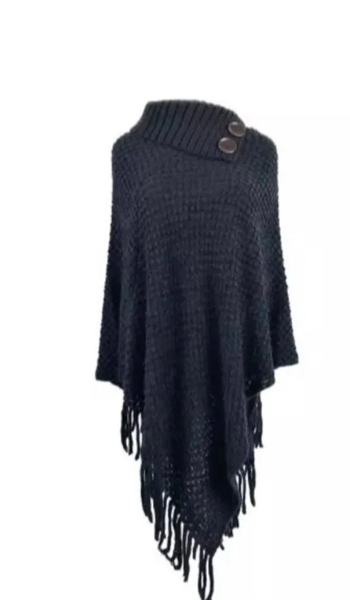 Classic Wool Poncho With Buttons