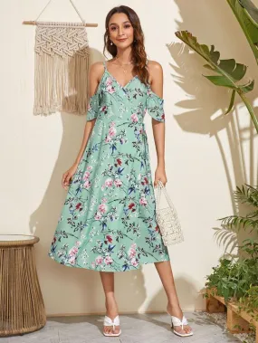 Cold Shoulder Wrap Tie Side Floral Dress