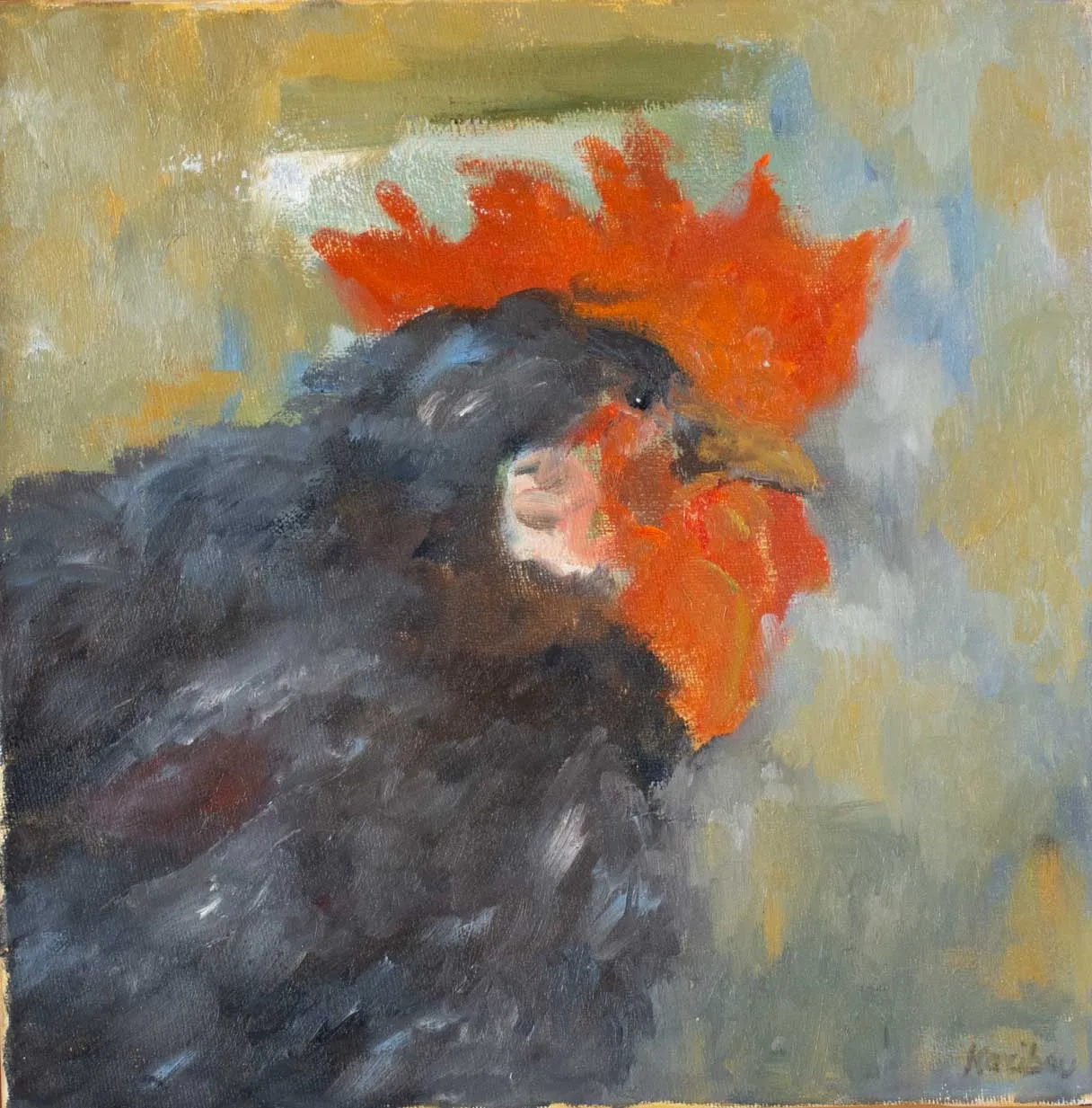 Contemporary rooster painting by Karibou - “Le beau coq” 13¾" x 13¾"