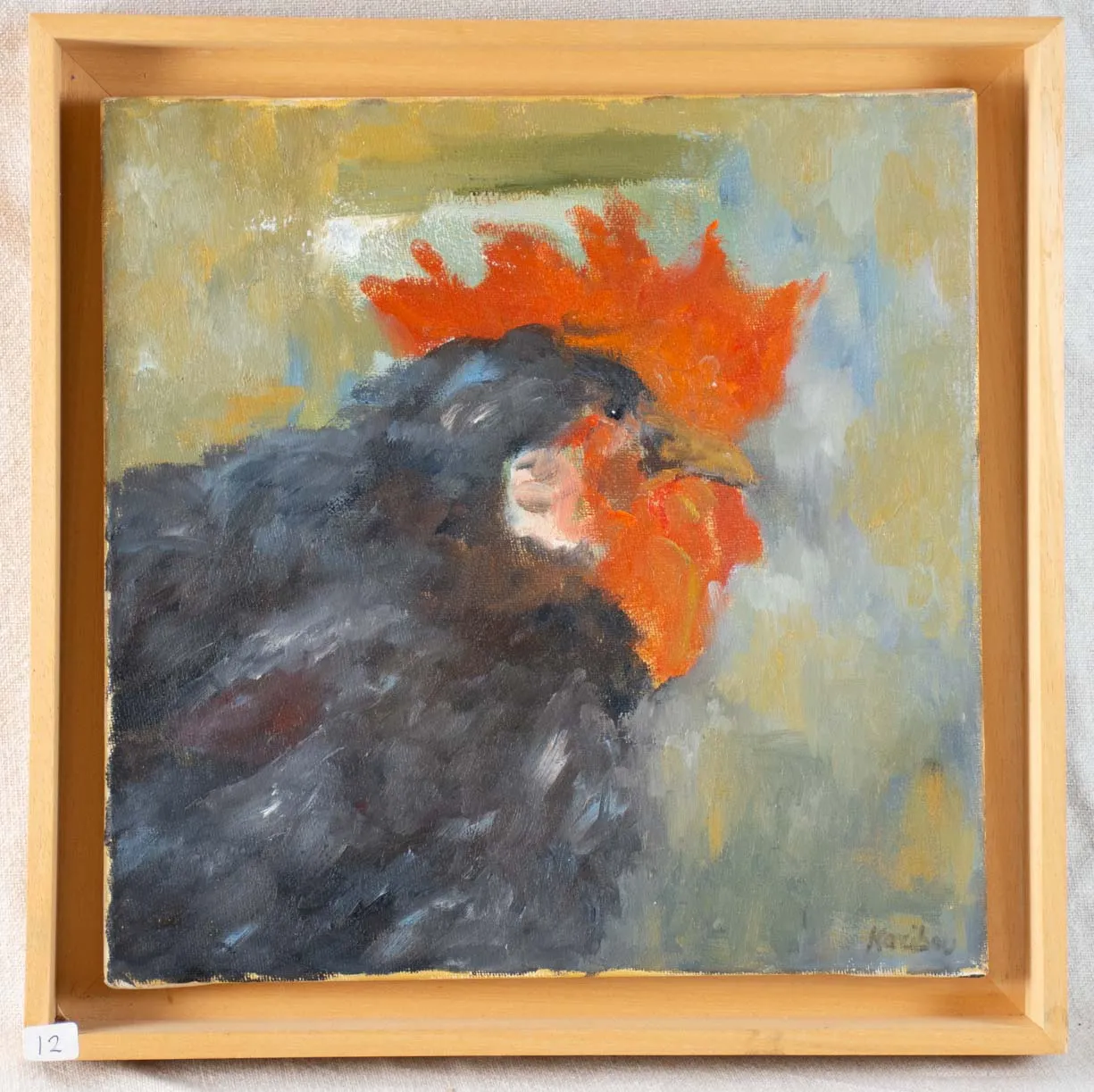 Contemporary rooster painting by Karibou - “Le beau coq” 13¾" x 13¾"