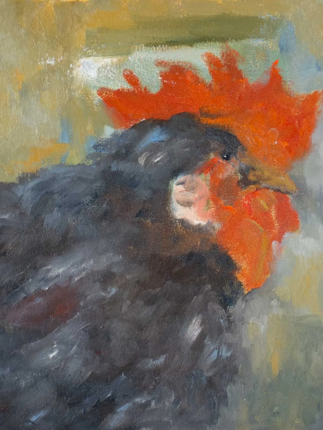 Contemporary rooster painting by Karibou - “Le beau coq” 13¾" x 13¾"