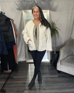 Contrast Button Up Sherpa Jacket with Pockets