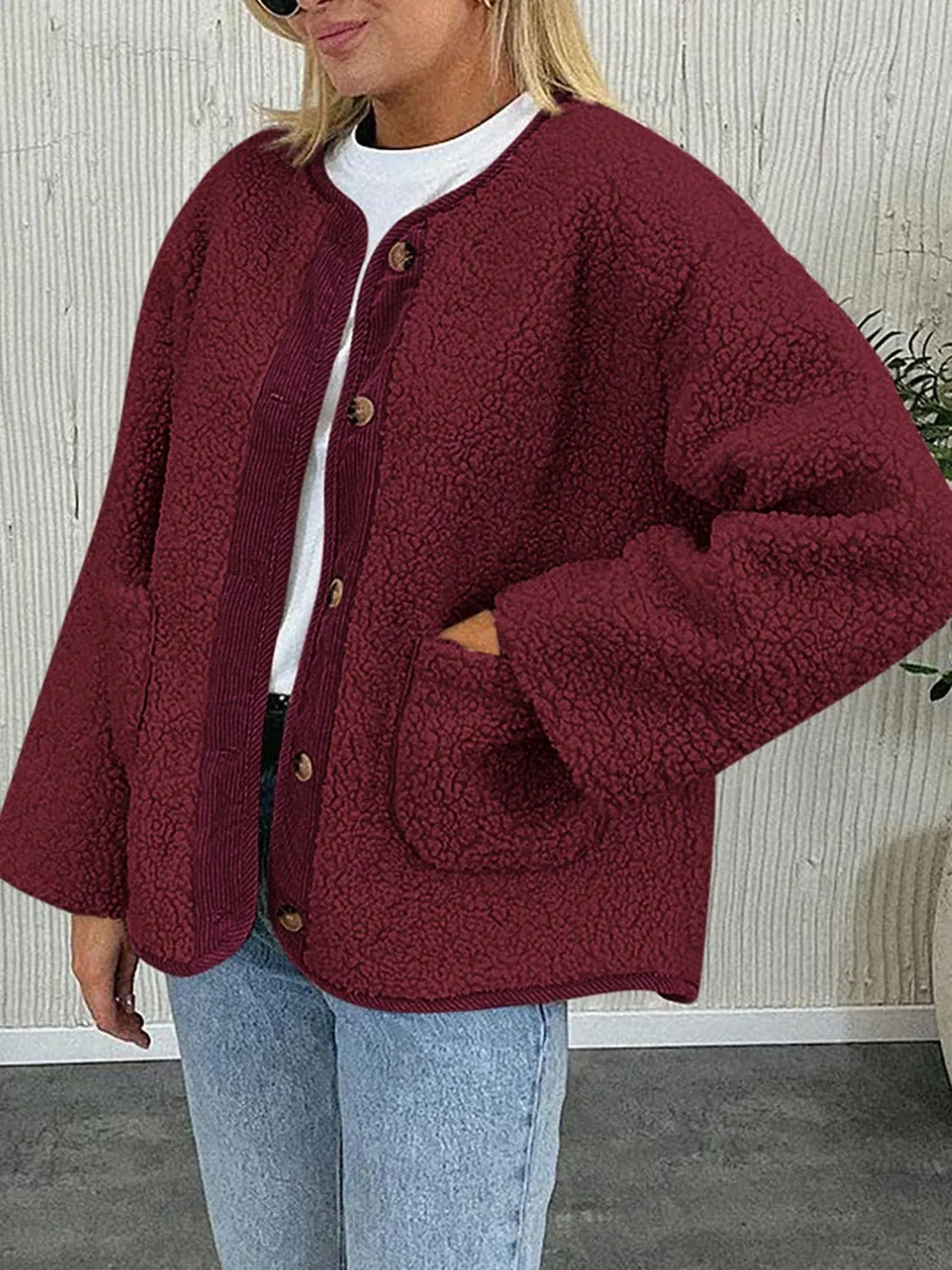 Contrast Button Up Sherpa Jacket with Pockets