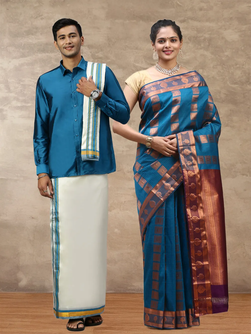 Couple Combo Shirt & Dhoti Set with Saree Ramar Blue SS303