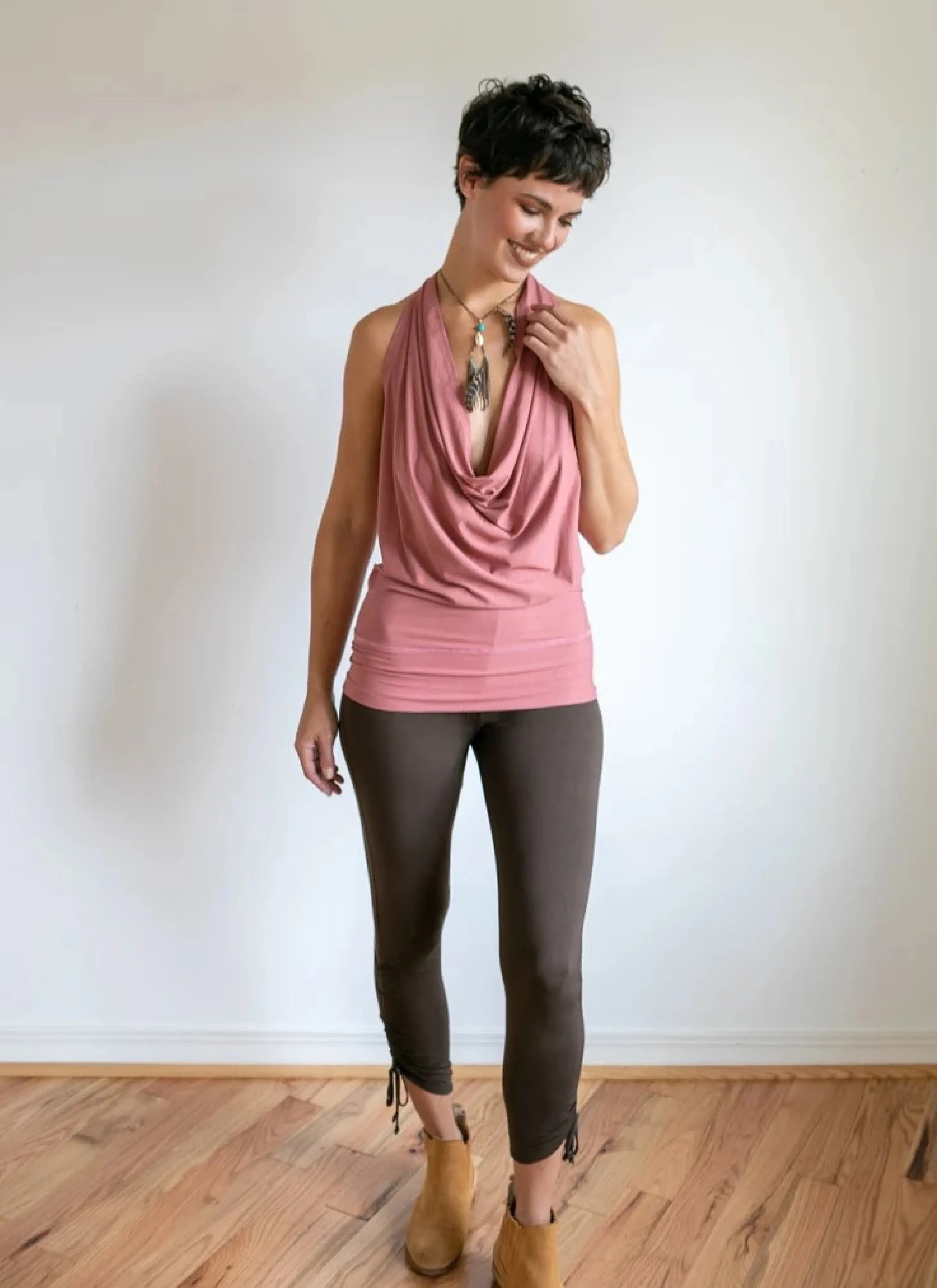 Cowl Neck Backless Halter Top in Canyon Rose