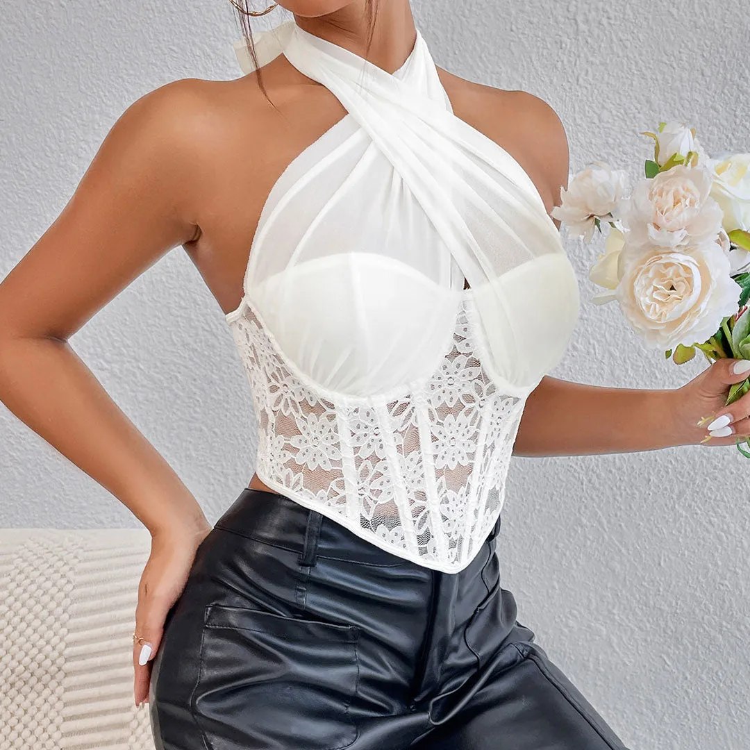 Crossed Halter Neck Lace Floral Mesh Cropped Corset Top - White