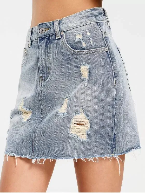 Cute High Waisted Destroyed Denim Skirt