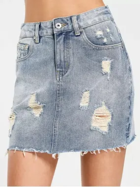 Cute High Waisted Destroyed Denim Skirt