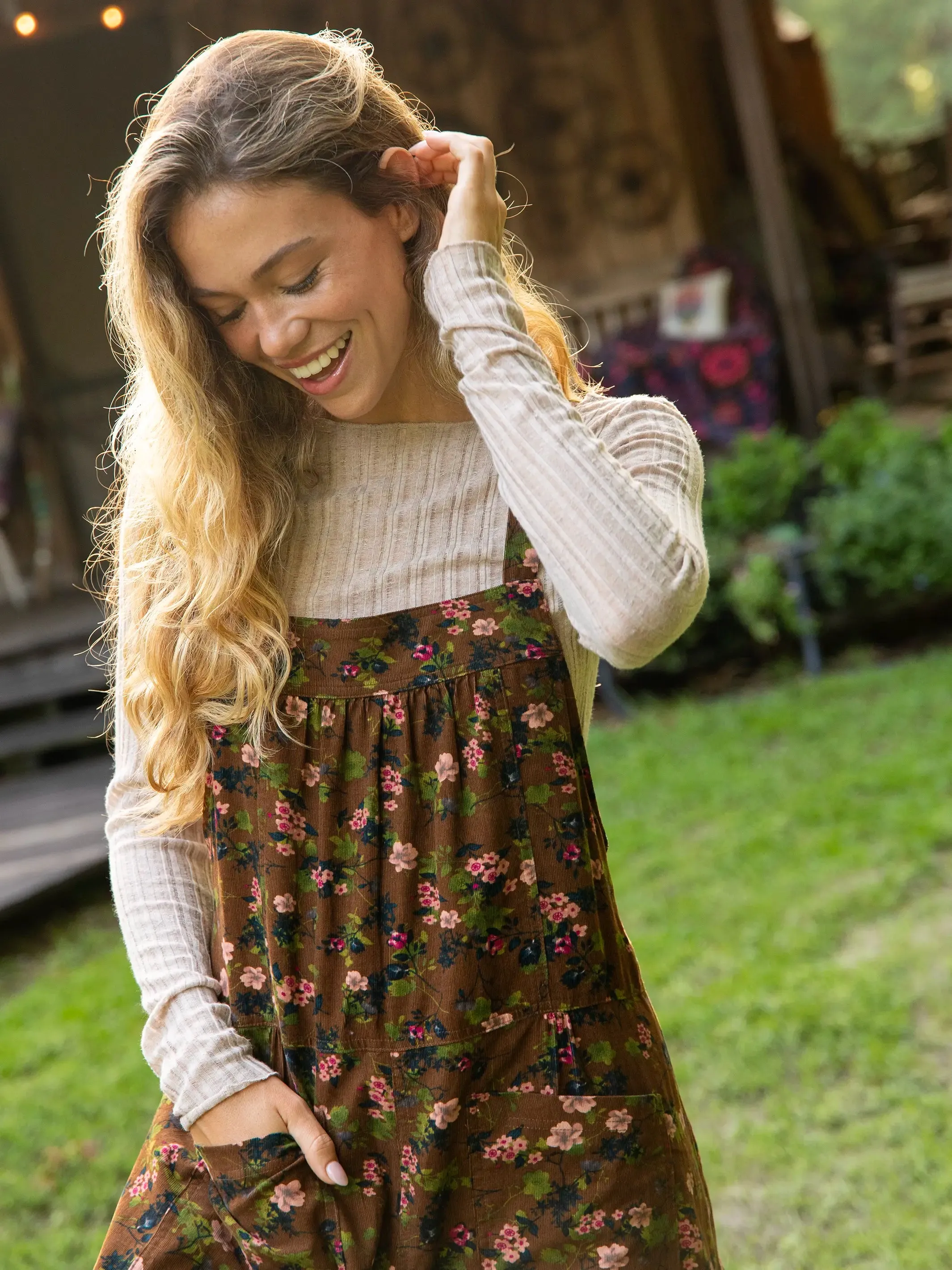 Dakota Corduroy Tie Overall - Brown Green Bouquets Floral