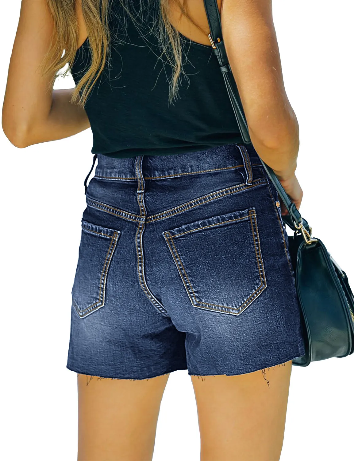 Dark Blue Raw Hem Button-Up Denim Shorts