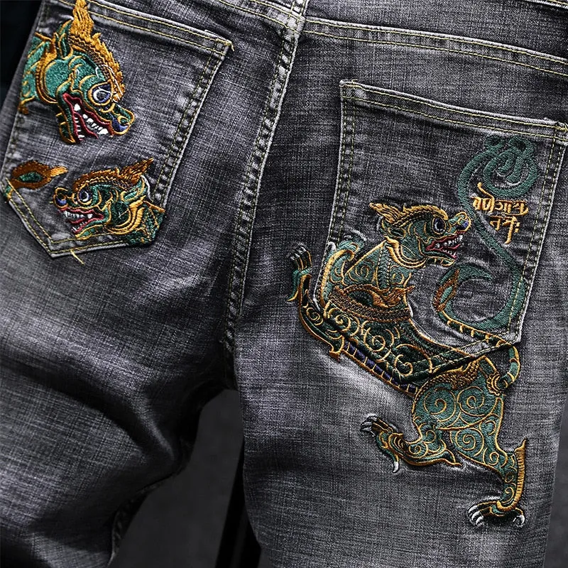 Dark Grey Colorful Dragon Embroidery Men Jeans