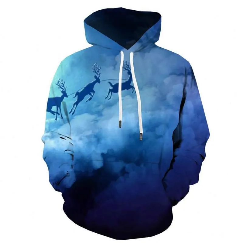 Deer Hoodie Men Animal Hoody Anime Christmas Hoodie Print Blue 3d Printed Cloud Sweatshirt Printed