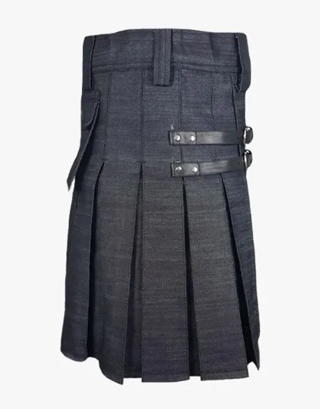 DENIM KILT WITH HEAVY DUTY LEATHER