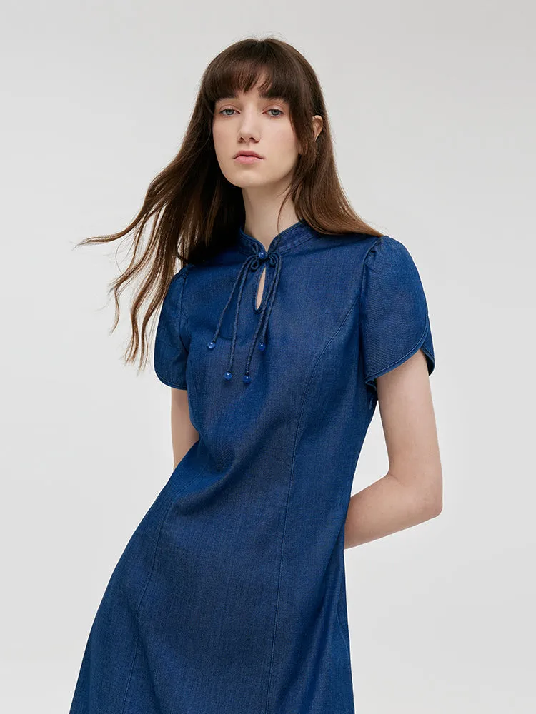 Denim Petal Sleeves Women Qipao Mini Dress