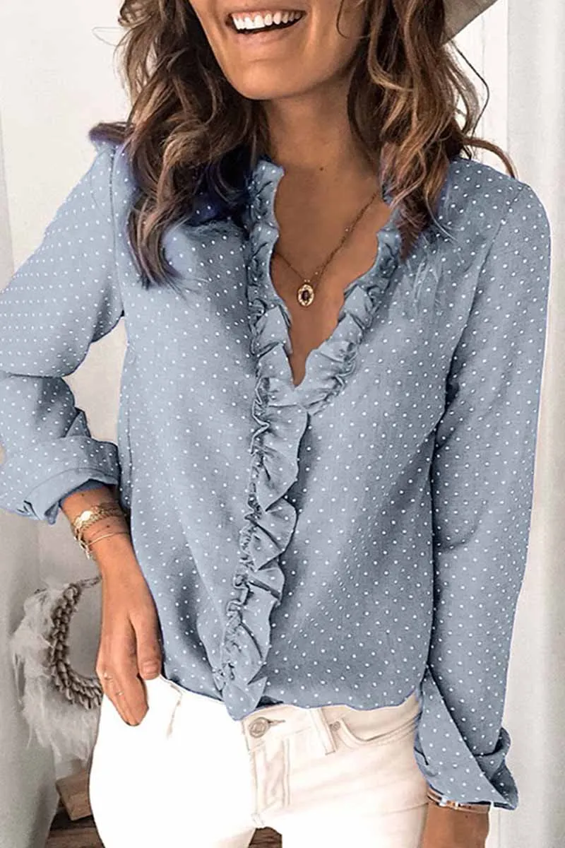 Dunnmall Fashion V-neck Button Ruffle Blouse