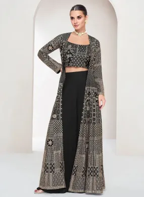 Eloquent Black Embroidered Jacket Style Palazzo Suit