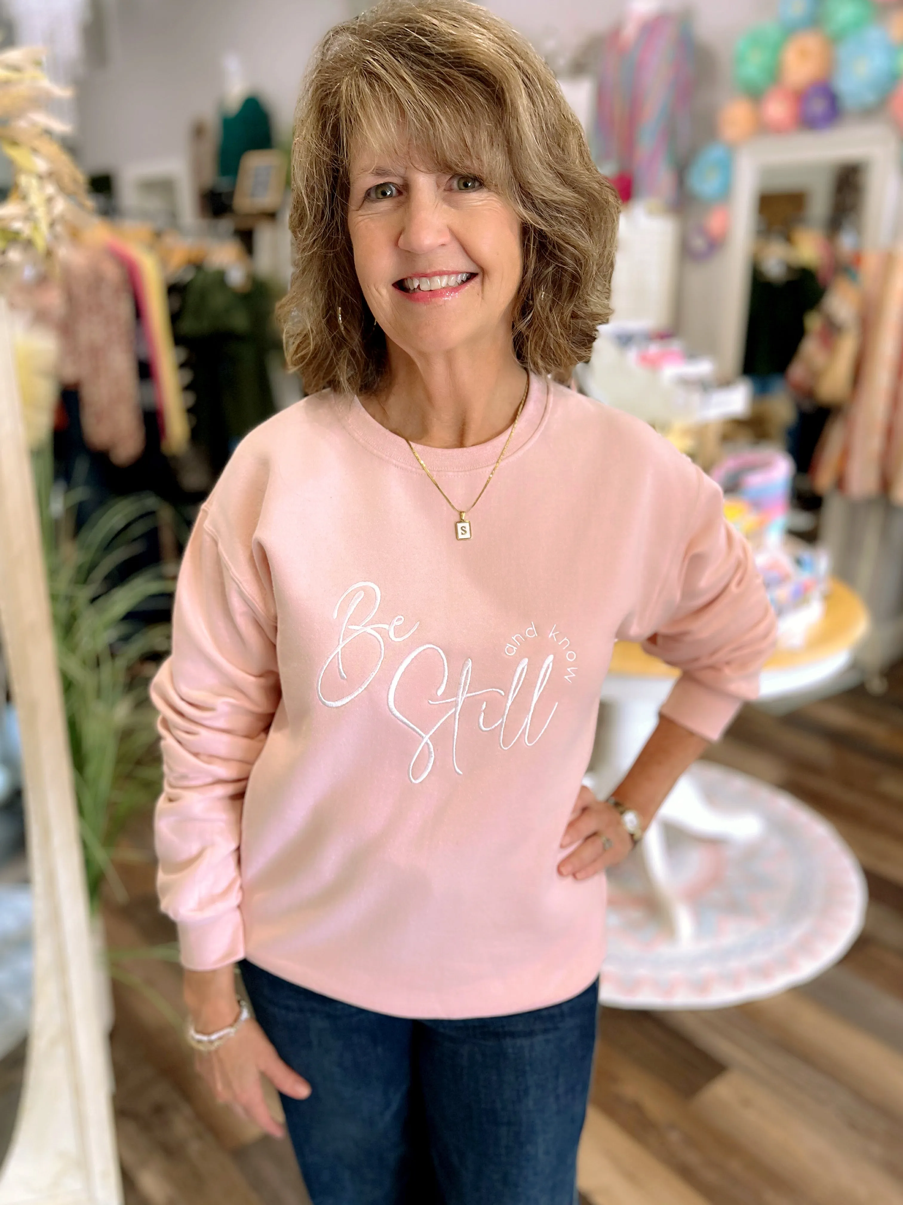 Embroidered Be Still and Know Sweatshirt in Soft Pink