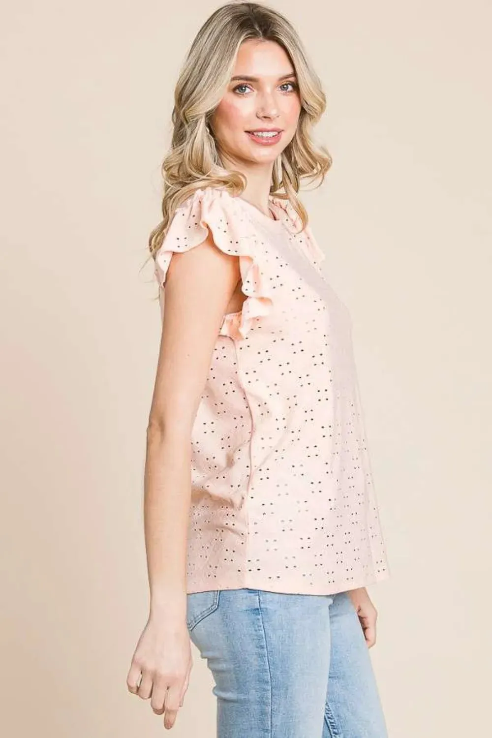 Eyelet Round Neck Ruffled Cap Sleeve Top