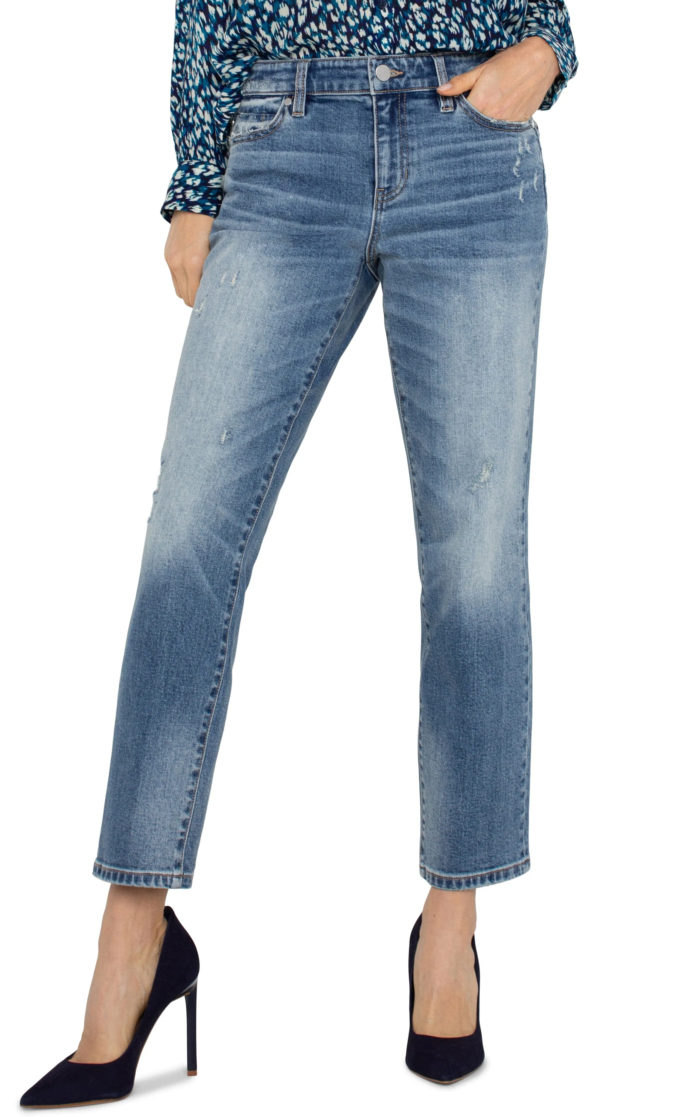 FADED BLUE DENIM NON SKINNY SKINNY DISTRESSED LIV JEAN