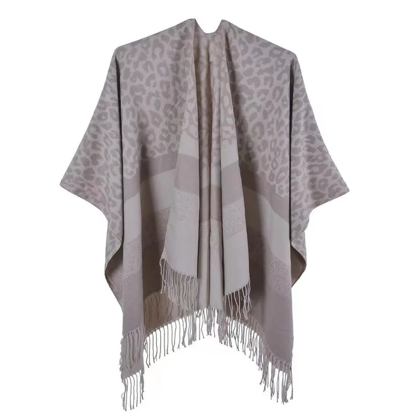 Fashion Leopard Print Poncho Wrap with Tassel