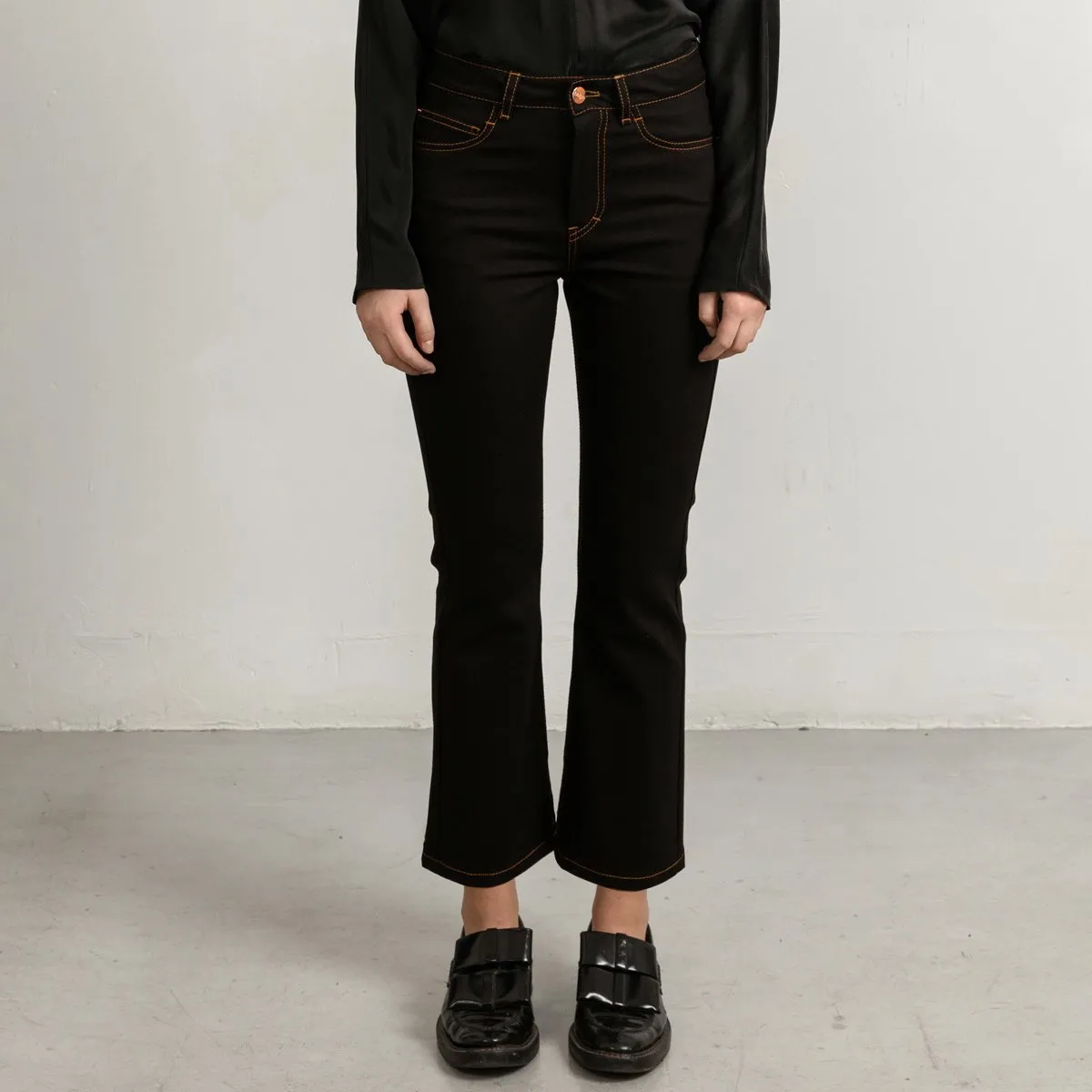 Flared Black Jeans With Tobacco Stitch Cropped