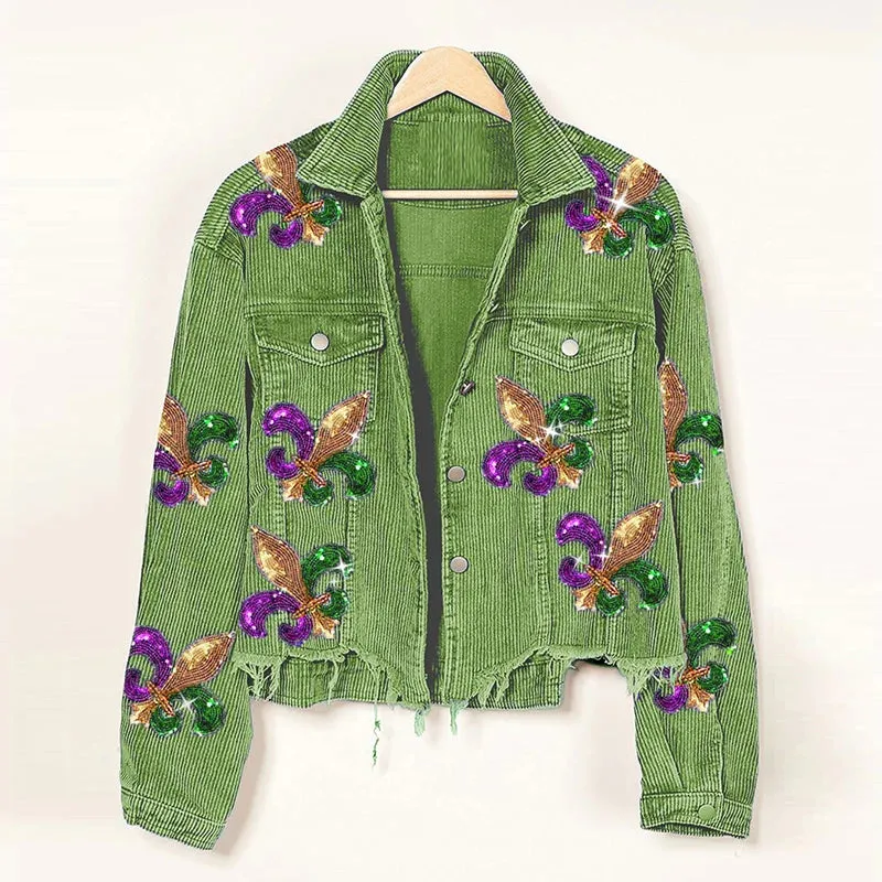 Floral Corduroy Casual Ripped Bomber Shirt-Jacket