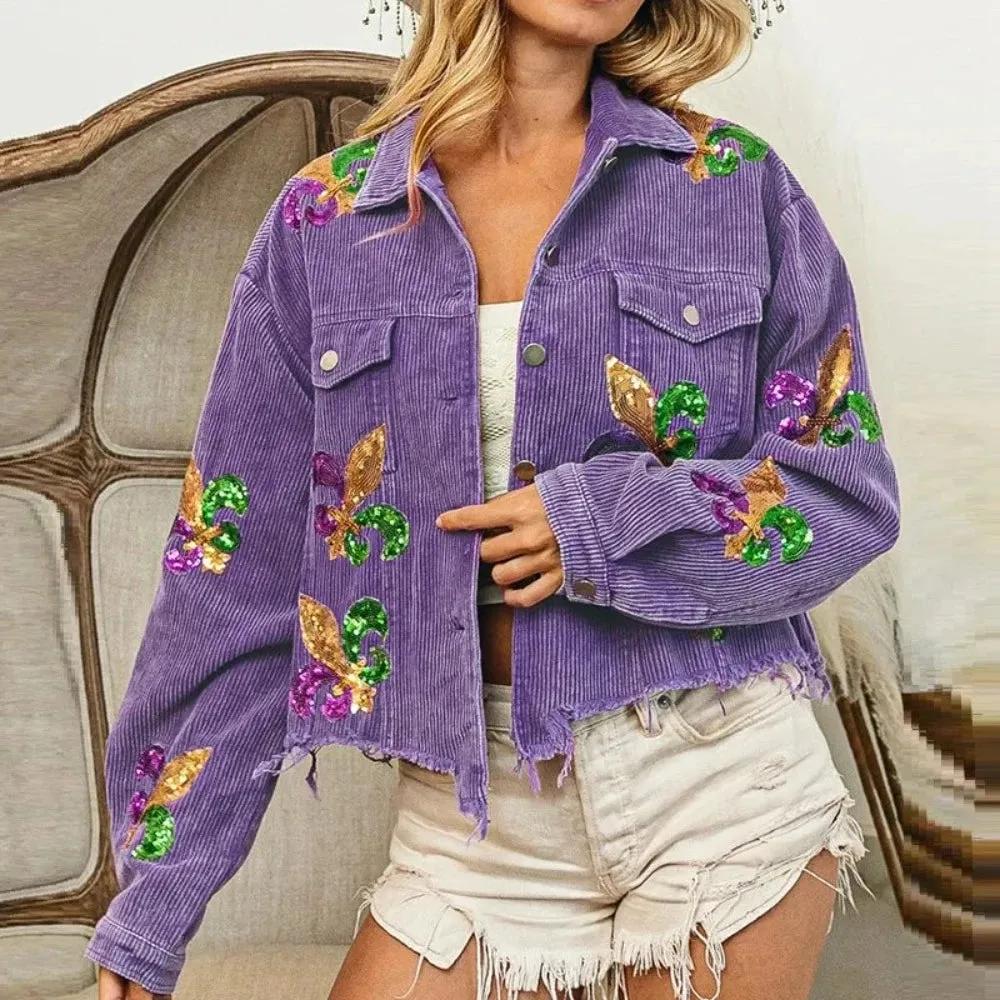 Floral Corduroy Casual Ripped Bomber Shirt-Jacket