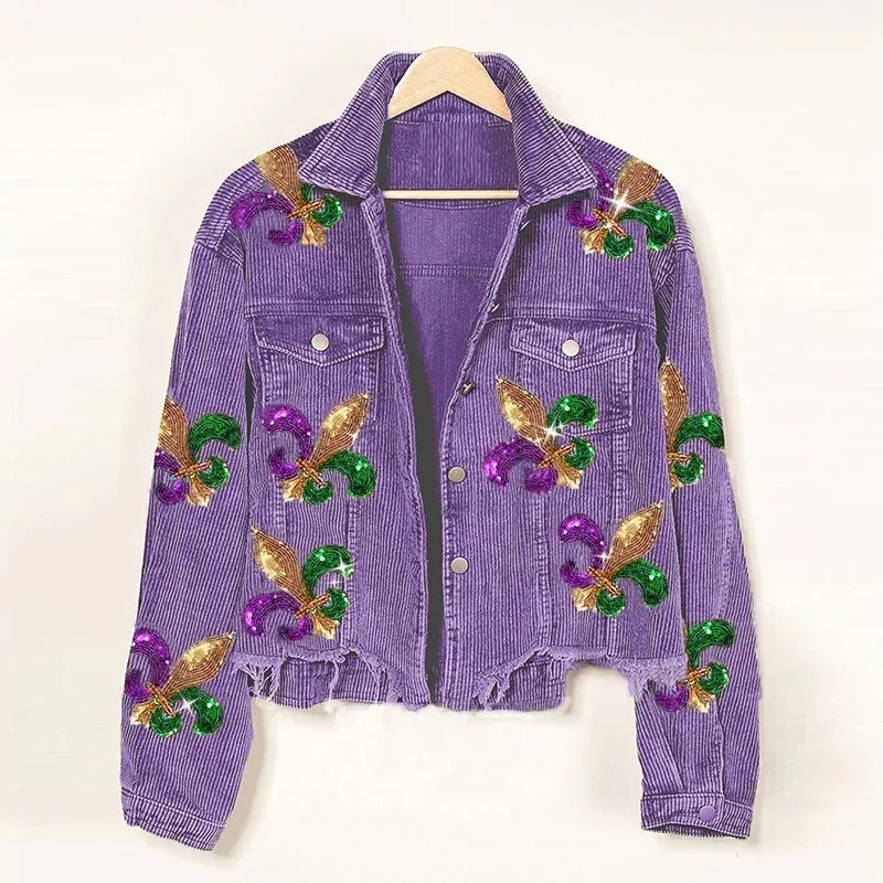 Floral Corduroy Casual Ripped Bomber Shirt-Jacket