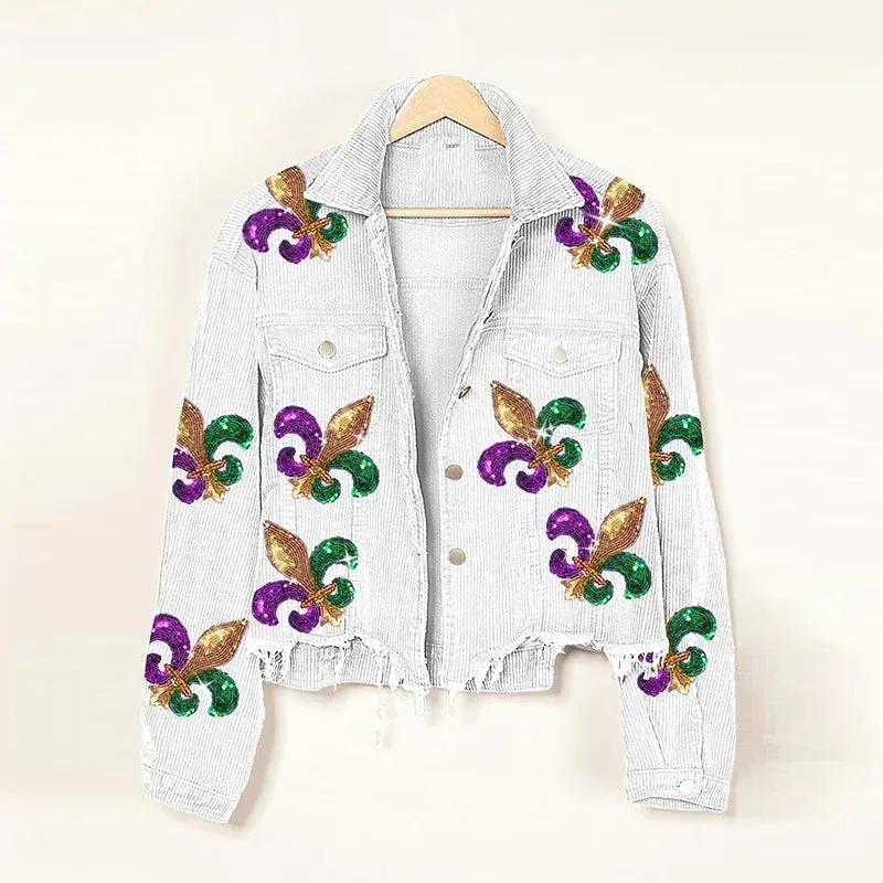 Floral Corduroy Casual Ripped Bomber Shirt-Jacket