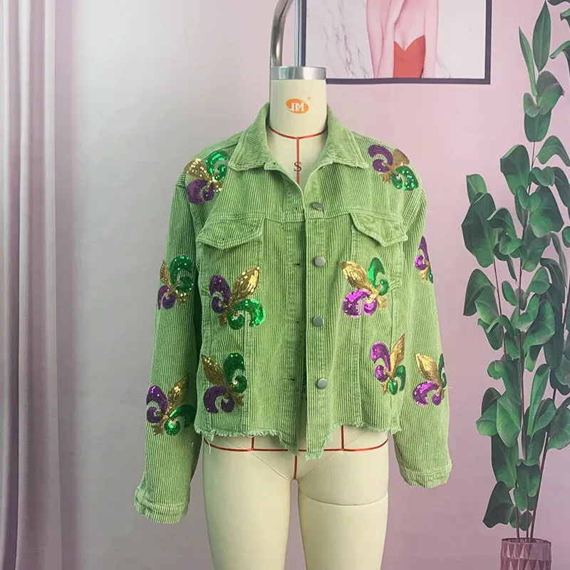 Floral Corduroy Casual Ripped Bomber Shirt-Jacket