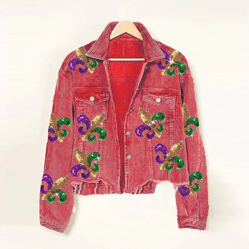 Floral Corduroy Casual Ripped Bomber Shirt-Jacket