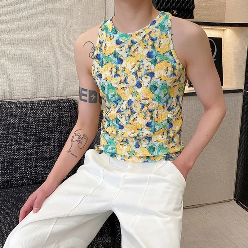 Floral Slim-fit Crew Neck Knitted Vest