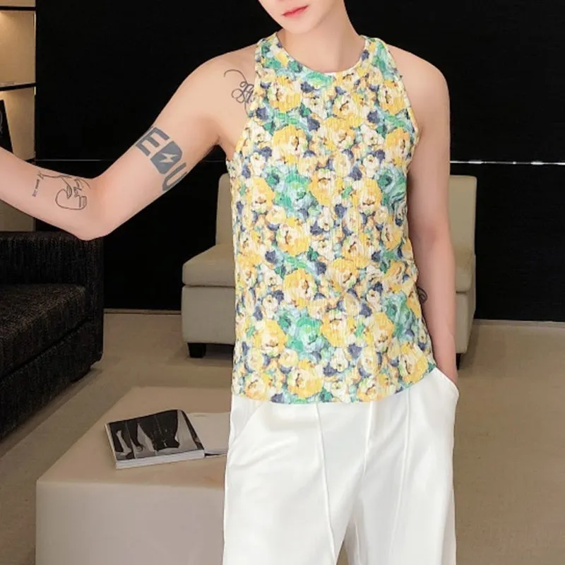 Floral Slim-fit Crew Neck Knitted Vest