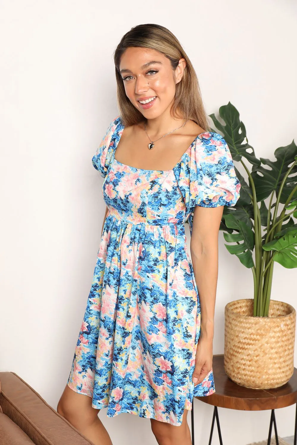 Floral Square Neck Puff Sleeve Dress