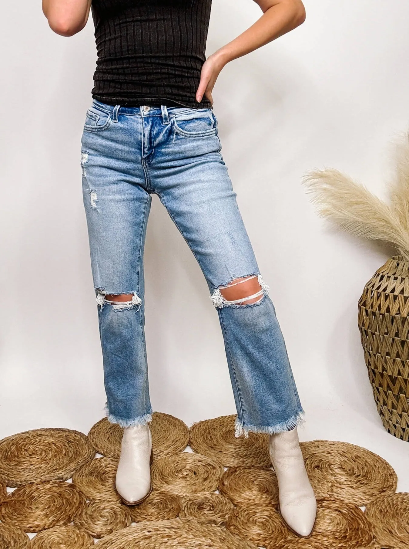 Frayed Hem Cropped Flare Distressed Straight Leg Vervet by Flying Monkey Jeans