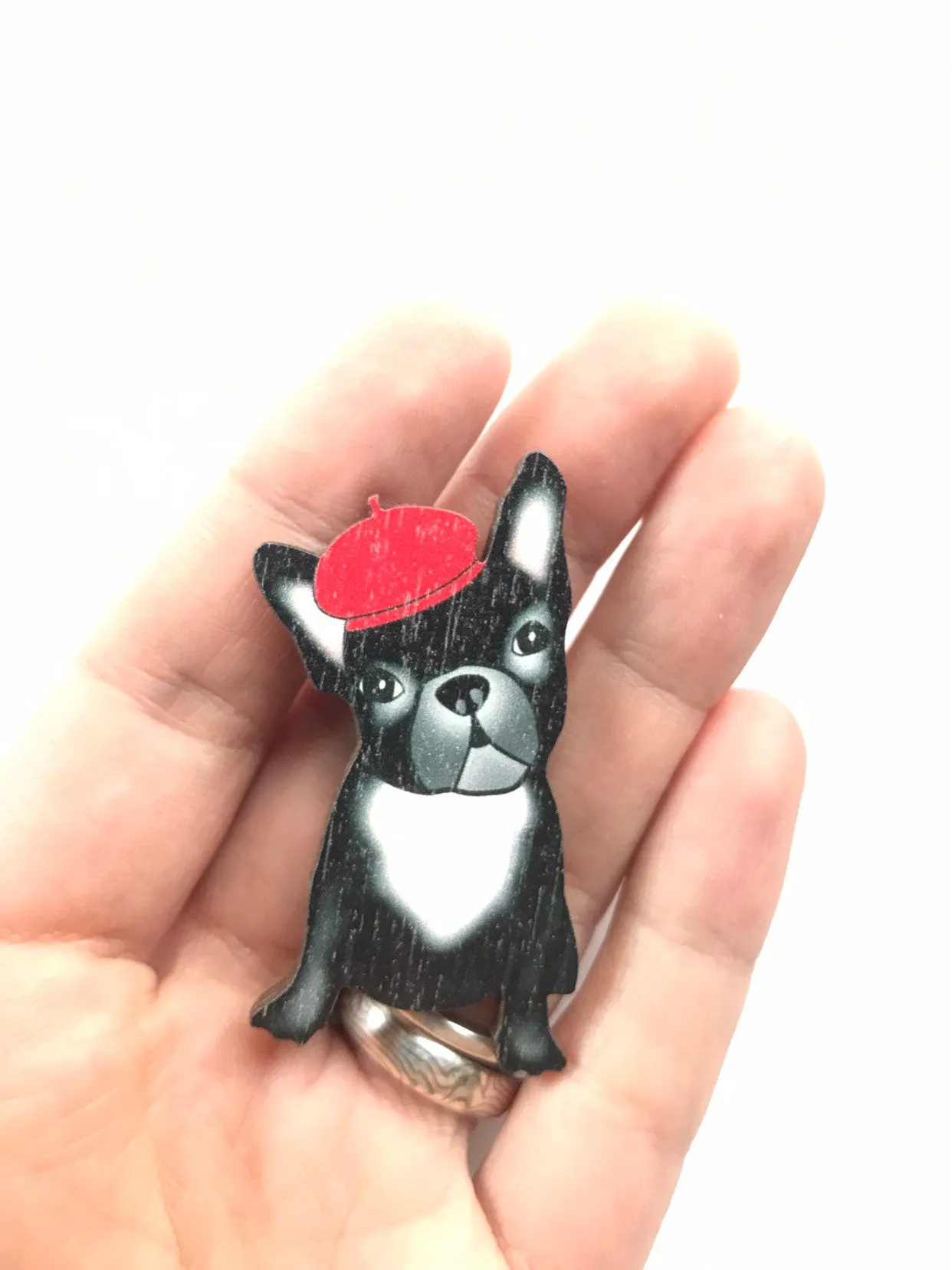 French Bulldog Pin, Black Dog Wooden Brooch