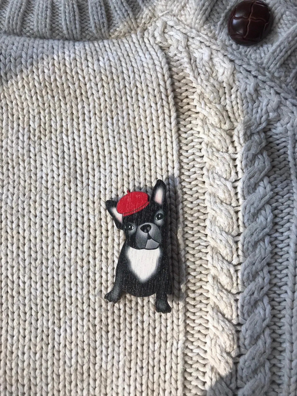 French Bulldog Pin, Black Dog Wooden Brooch