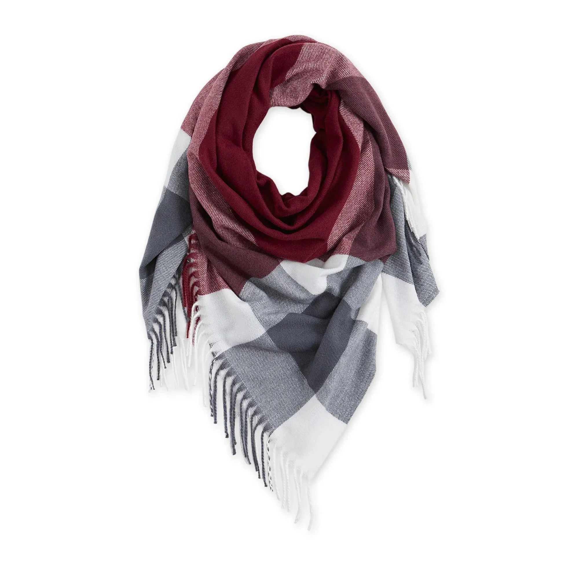 Fringe Plaid Blanket Scarf Burgundy & Grey | Soft Classic Shawl Wrap | 57" x 57"