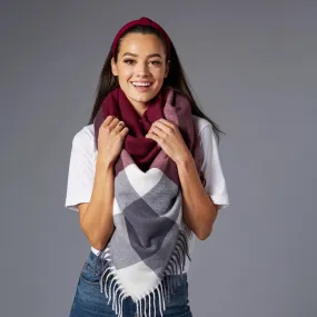 Fringe Plaid Blanket Scarf Burgundy & Grey | Soft Classic Shawl Wrap | 57" x 57"