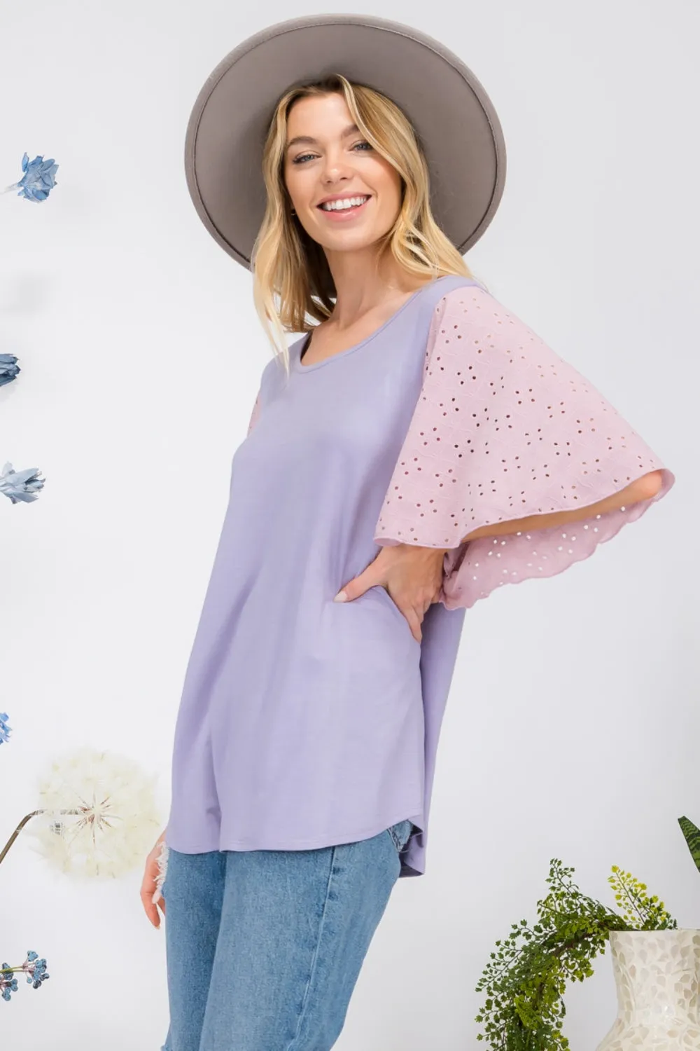 Full Size Contrast Eyelet Ruffle Sleeve Blouse