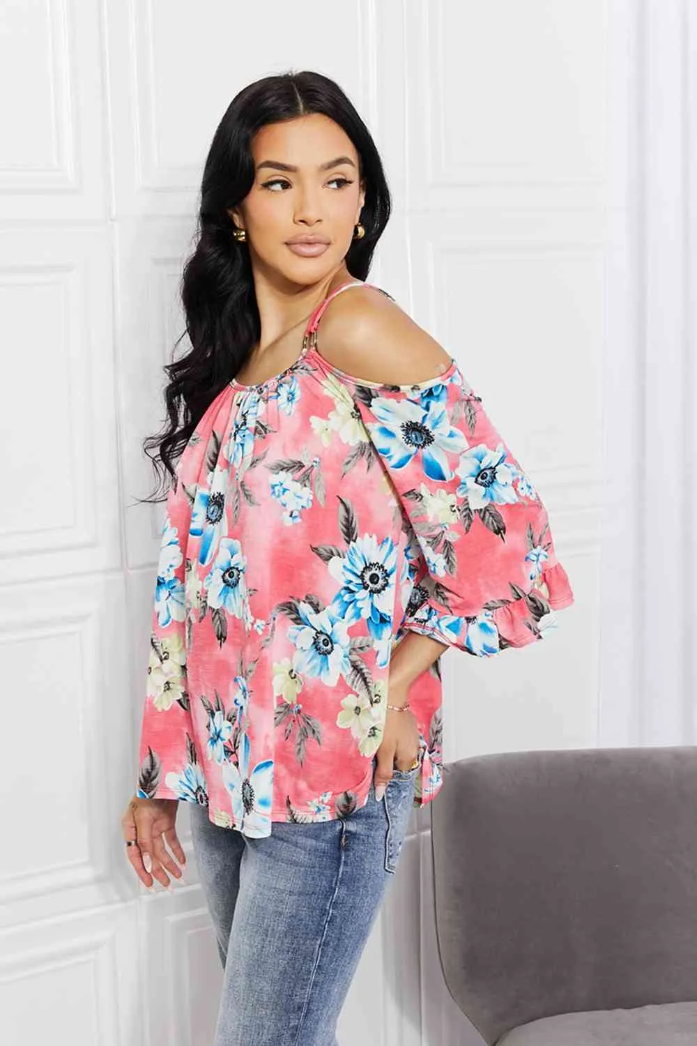 Full Size Fresh Take  Floral Cold-Shoulder Top