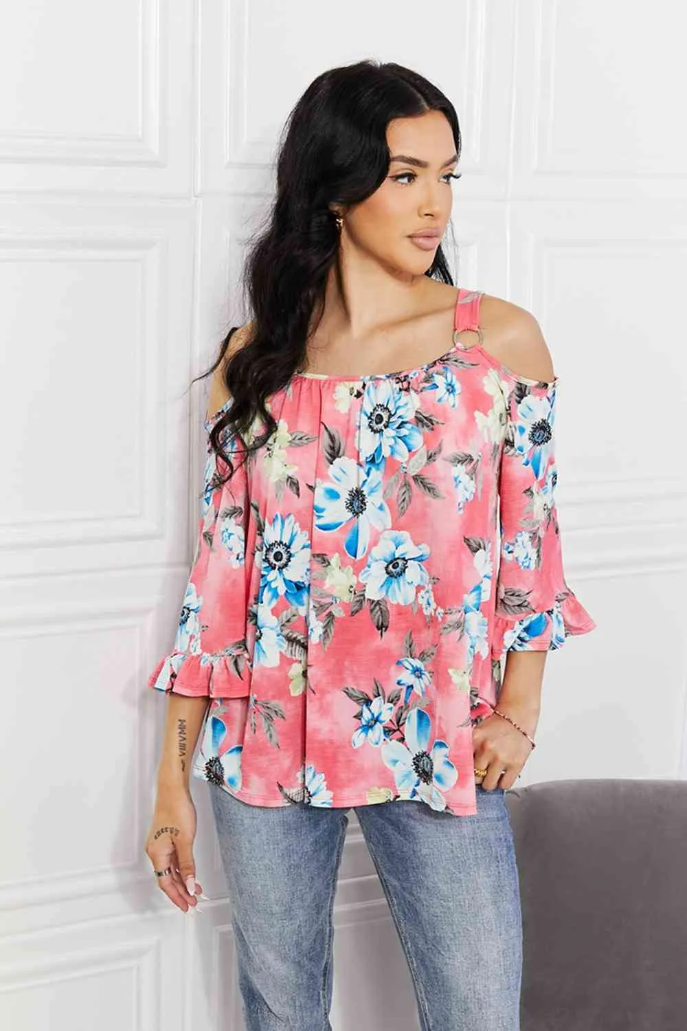 Full Size Fresh Take  Floral Cold-Shoulder Top