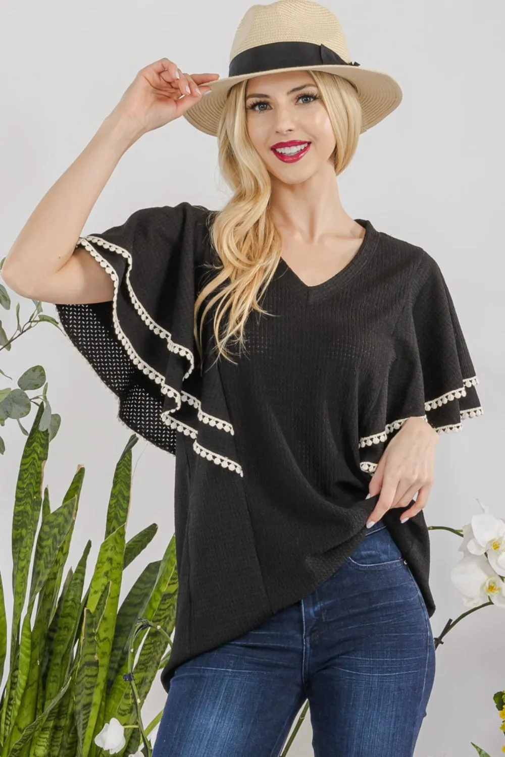 Full Size V-Neck Lace Trim Flutter Sleeve Top