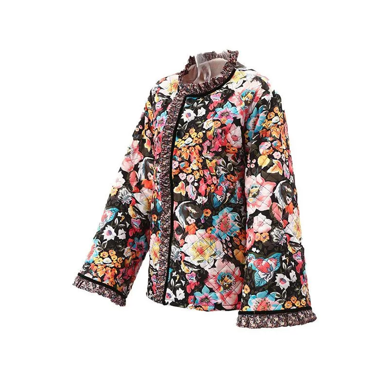 Fur Shearling Block Ruffle Edges Flowers Quilted Floral Patchwork Bomber Jacket