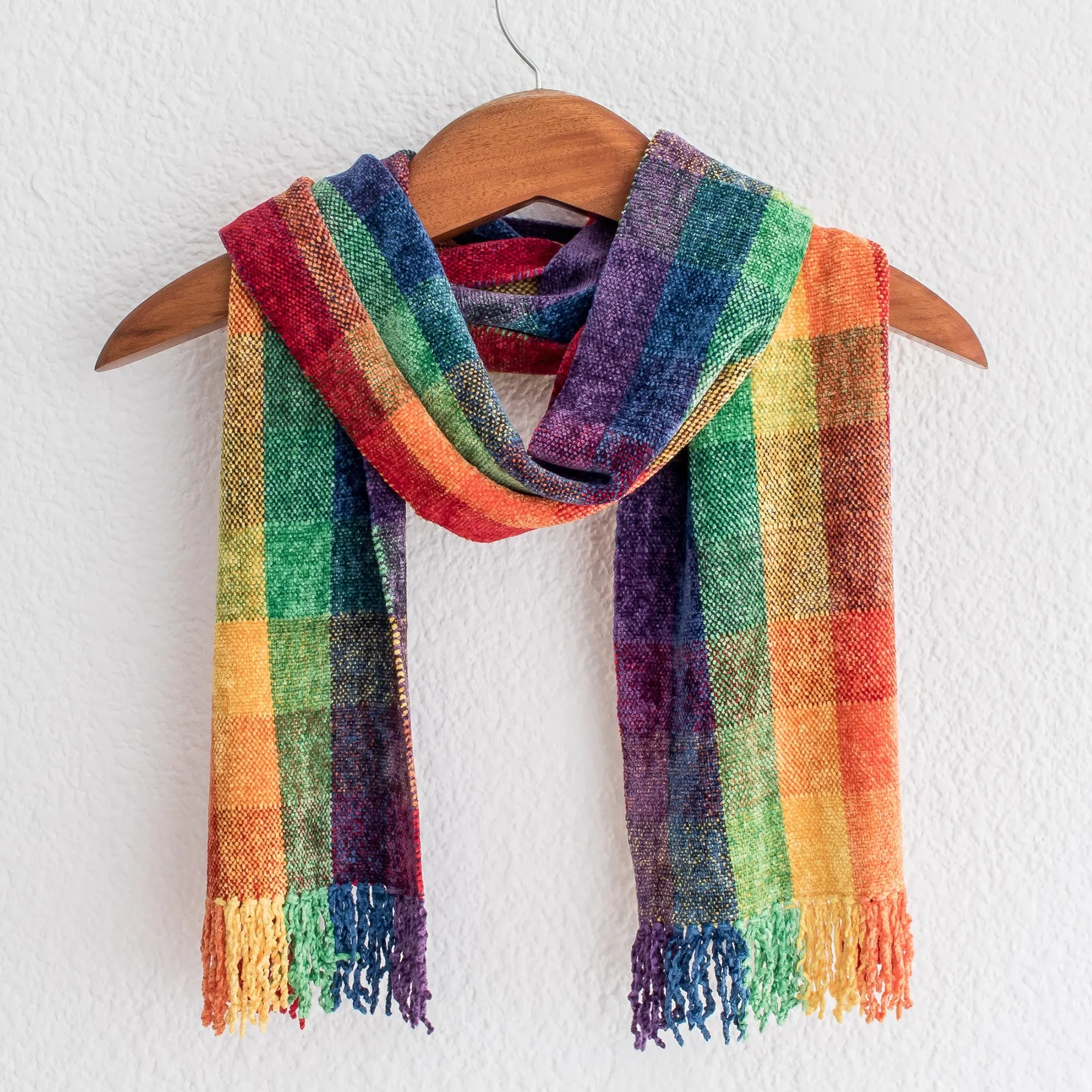 Gift of the Rainbow Guatemalan Rainbow Colored Rayon Chenille Scarf